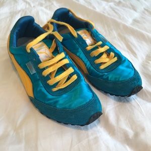Gold and Blue Satin Pumas